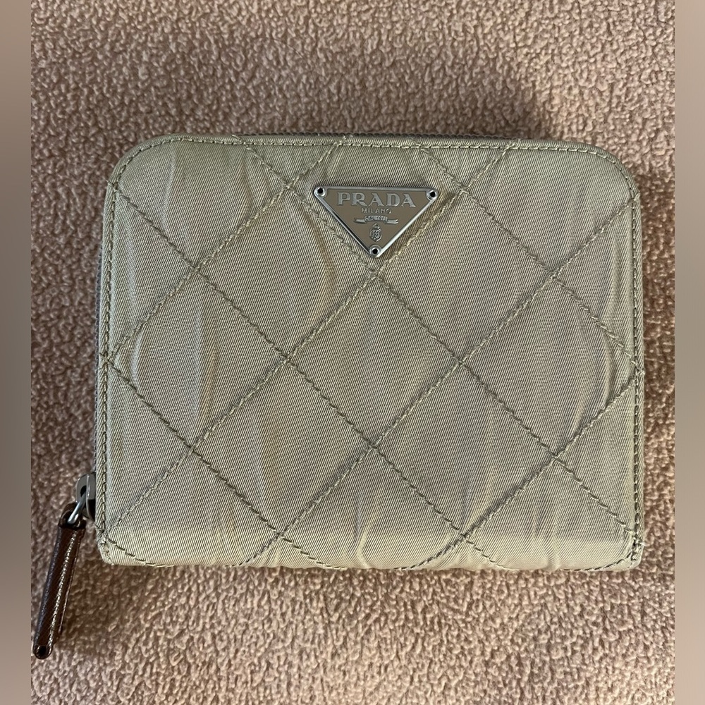 Authentic preowned Prada logo plate quilted nylon bifold wallet
